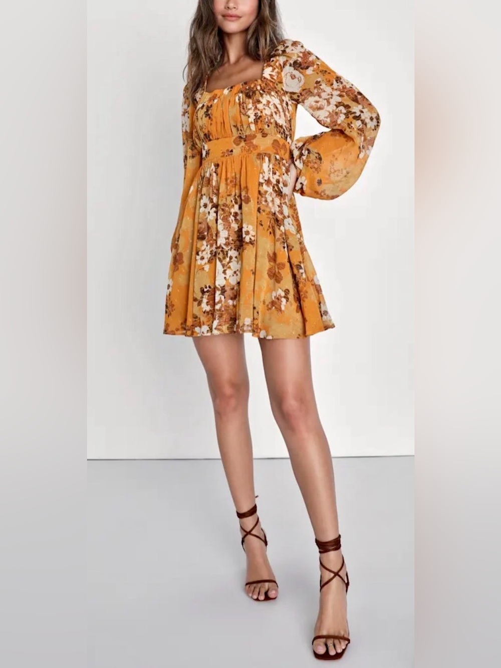Lulu's Gorgeous Vibe Yellow Floral Boho Babydoll Floral Square-Neck Mini Dress M